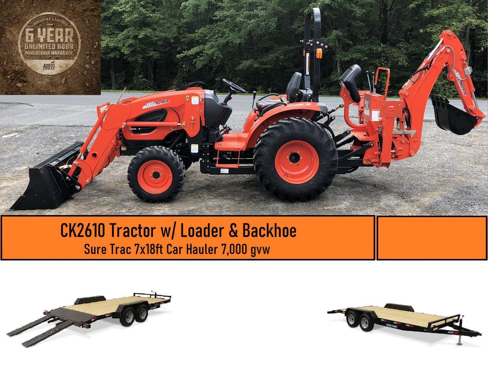 2022 KIOTI Package Deal 3 CK2610 Tractor w/ Loader Backhoe & Sure Trac 7x18 Car Hauler for